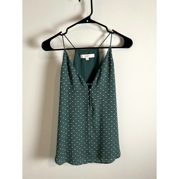 LOFT Petites Green Flower Print Spaghetti Strap Blouse with Vanity Button - Picture 11 of 16